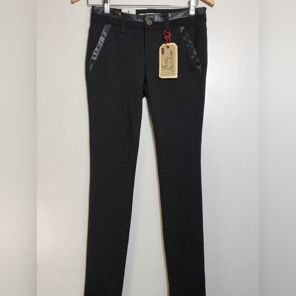 True Freedom Juniors Black Skinny Regular Fit Pants with Faux Leather Trim